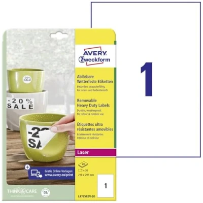 Abbildung von AVERY Zweckform L4775REV 20 Wetterfeste Folienetiketten (20 Aufkleber, 210x297mm auf A4, selbstklebend, wasserfest, wiederablösbar, strapazierfähig, bedruckbare Outdoor Klebefolie) Blatt, weiß