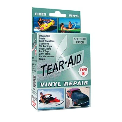 Abbildung von TEAR AID Vinyl Reparaturset, Typ B, transparenter Flicken für und vinylbeschichtete Materialien, funktioniert auf Vinylzelten, Markisen, Luftmatratzen, Poolfolien mehr, grüne Box,