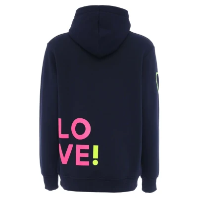 Abbildung von Zwillingsherz Kapuzensweatshirt, mit gesticktem Neon Herz am Ärmel und &quot;Love&quot; Schriftzug auf Kordel