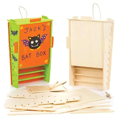 Abbildung von Baker Ross Bastelsets Fledermauskasten aus Holz für Kinder als Bastel und Deko Idee zum Gestalten Jungen Mädchen (2 Stück), holzfarben