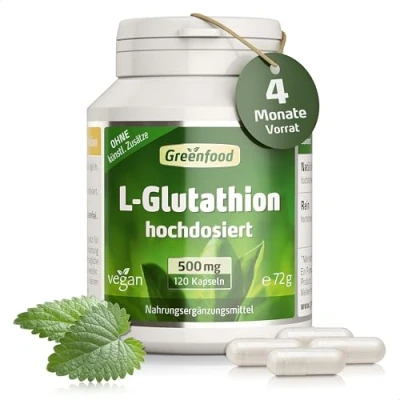 Abbildung von Greenfood L Glutathion, 500 mg, hochdosiert, 120 Kapseln, vegan hergestellt durch Fermentation. Ohne künstliche Zusätze. Gentechnik.