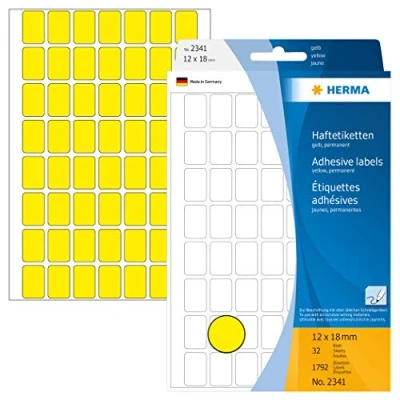 Abbildung von HERMA 2341 Vielzweck Etiketten, 1792 Stück, 12 x 18 mm, 56 pro Bogen, selbstklebend, Haushaltsetiketten zum Beschriften, matt, blanko Papier Klebeetiketten Aufkleber, gelb