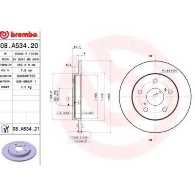 Abbildung von BREMBO COATED DISC LINE 08.A534.21 Bremsscheibe 259 9 5 voll beschichtet TOYOTA: Corolla X Saloon, Auris Hatchback, XI Saloon