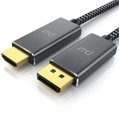 Abbildung von 4K 2m Displayport 1.4 zu HDMI Kabel HDTV Standard 2.0 UHD 3840 x 2160 @ 60 Hz 3 Fach Schirmung Knickschutz Metallstecker Audio und Video Adapterkabel für Beamer Laptop Monitor