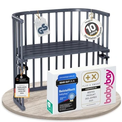 Abbildung von babybay Original Beistellbett aus massivem Buchenholz / kompakt &amp; verwandelbar Kinderbett Höhe stufenlos verstellbar umweltfreundlich mitwachsendes Babybett (schiefergrau lackiert)