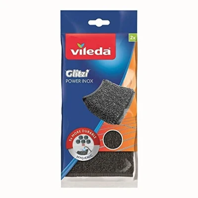 Abbildung von Vileda Glitzi Power Inox, Stahlschwamm gegen hartnäckige Verschmutzungen, länger haltbar, hygienische Reinigung, Härtegrad 3, 2er Pack