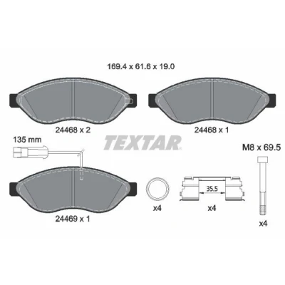 Abbildung von TEXTAR 2446807 Bremsbelagsatz inkl. Verschleißwarnkontakt mit Bremssattelschrauben Zubehör FIAT: Ducato III Van, Minibus