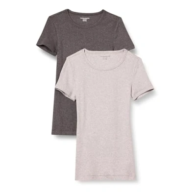 Abbildung von Amazon Essentials Damen Kurzärmeliges T Shirt mit Rundhalsausschnitt, Schmale Passform, 2er Pack, Dunkelgrau Meliert/Hellgrau Meliert, S