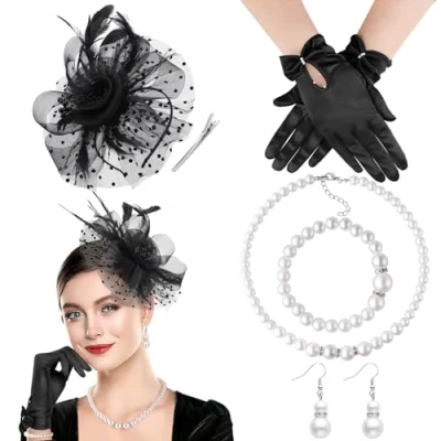 Abbildung von DRESHOW Fascinator Hüte für Damen Schleier Mesh Tea Party Hut Feder Pillbox und Handschuhe Perlenschmuck Set Cocktail 1920er Kopfbedeckung
