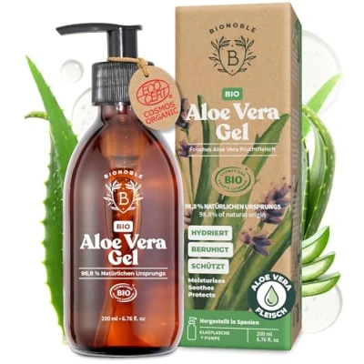Abbildung von Bionoble Aloe Vera Gel BIO 200ml Pures Fruchtfleisch 100% Rein mit Ätherisches Lavendelöl Ohne Pulver und Xanthan Gesicht, Augenpartie, Körper, Haare Glasflasche + Pumpe