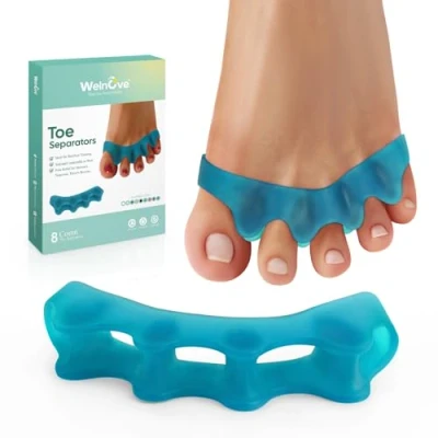 Abbildung von Welnove Silikon Zehentrenner für korrekte Hallux valgus 8er Pack Zehenspreizer Männerfüße Hammerzehenrichter Frauen, Yoga Übungen, Fußausrichtung Blau