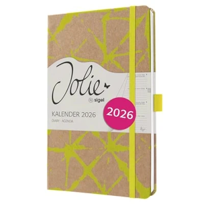Abbildung von SIGEL J6801 Wochenkalender 2026 A5 neon gelb, Hardcover aus Kraftpapier, Gummiband, Stiftschlaufe, 174 Seiten, vegan, Buchkalender, Terminplaner Taschenkalender Jolie