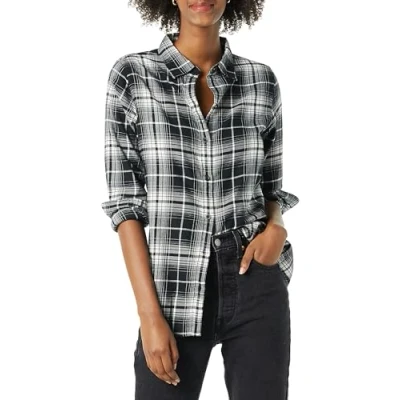 Abbildung von Amazon Essentials Damen Leichtes, Langärmeliges, Kariertes Flanellhemd, Klassischer Schnitt, Schwarz Weiß Großes Karo, S
