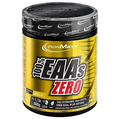 Abbildung von IronMaxx 100% EAAs Zero Tropical 500g Dose EAA Pulver, vegan und zuckerfrei mit allen 8 essentiellen Aminosäuren fruchtiger Geschmack, frei von Konservierungsstoffen