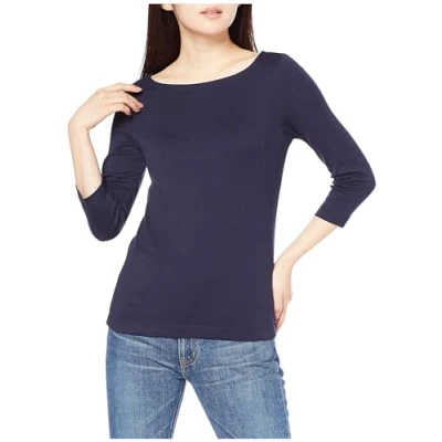 Abbildung von Amazon Essentials Damen T Shirt mit Bateau Ausschnitt und 3/4 Ärmeln in schmaler Passform, Marineblau, XS