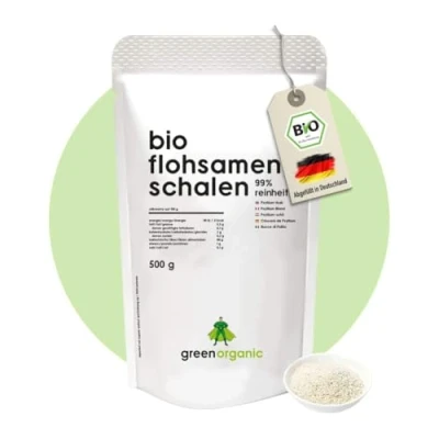 Abbildung von Bio Flohsamenschalen 99% Reinheit Premium Qualität laborgeprüft, ballaststoffreich, vegan, lower Carb, glutenfrei, nachhaltig und fair angebaut, 500g