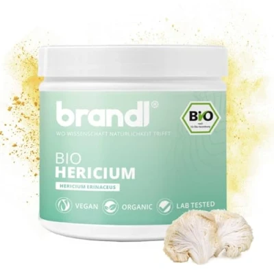 Abbildung von brandl® Bio Lions Mane (Hericium Erinaceus) mit 800mg Hericium Pulver pro Dosis Mushroom Abgefüllt in Deutschland, Vegan &amp; ohne Zusätze