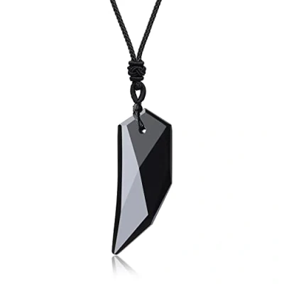 Abbildung von COAI Geschenkideen Unisex Spitzer Anhänger aus Obsidian Wolfszahn Amulett Leder Halskette