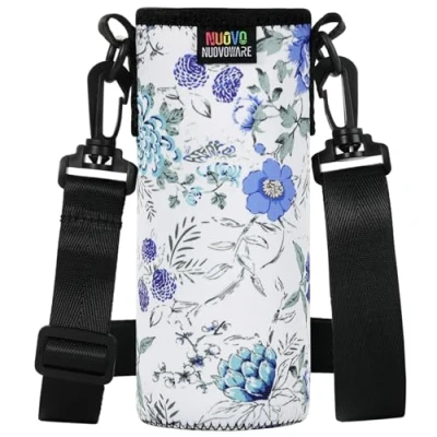 Abbildung von Nuovoware Trinkflaschenhalter, Premium Neopren Tragbare Isolierte Trinkflaschenhalter Tasche mit Verstellbarem Schultergurt, Edelstahl, Glas / Plastikflaschen, Großformat, Weiß/Blau