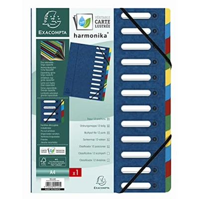 Abbildung von Exacompta 55122E Premium Ordnungsmappe Harmonika. Aus extra starkem Colorspan Karton DIN A4 12 Fächer und 2 Gummizüge mit Indexfenster dehnbarem Rücken Register Mappe blau
