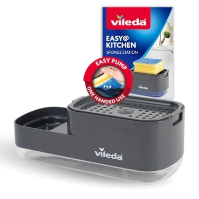 Abbildung von Vileda Pump Spülmittelspender mit Schwammhalter Praktische 2 in 1 Lösung für die Küche integrierter Seifenspender einfaches Dosieren einer Hand Robustes &amp; Langlebiges Design