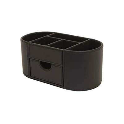 Abbildung von OSCO Schwarzer Schreibtisch Organizer aus Kunstleder mit Schublade Stifthalter Make up Behälter Bleistiftaufbewahrung 6 Fächer Schreibwaren Caddy H10 x B23 T12