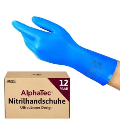 Abbildung von Ansell AlphaTec 37 310 Mehrzweckhandschuhe aus Nitril, Chemikalienschutz, Lebensmittel Geeignet, Wiederverwendbare Nitrilhandschuhe, Hausputz, Haushalt, Kochen, Blau, Größe XL (12 Paar)
