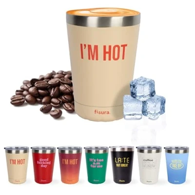 Abbildung von FISURA Originaler Thermobecher. Thermobecher für Kaffee zum Mitnehmen. Kaffeetasse 310 ml. Thermotasse aus Edelstahl. BPA frei. Autotasse. (Hot, beiger Farbverlauf)