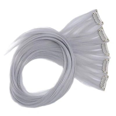 Abbildung von CAISHA 5 Teile Set 60cm Bunte Strähne Strähnchen Clip in Extension Haarverlängerung Glatt Langhaar Haarteil Grau BST117