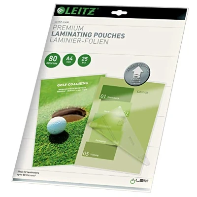 Abbildung von Leitz Heißlaminierfolien A4 80 mic, Laminierfolien in Premium Qualität im 25er Pack, Glänzend, Transparent, Vereinfachtes Einlegen durch UDT, iLAM, 74790000