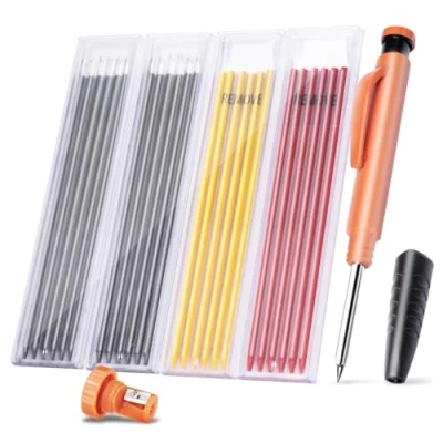 Abbildung von BillyBath Tieflochmarker Bleistift Set mit 25 Minen + Spitzer Schreibgriff Robuster Zimmermannsbleistift Dicke Bohrlochmarker Druckbleistift Handwerker Holz Metall Beton Bau Baustelle