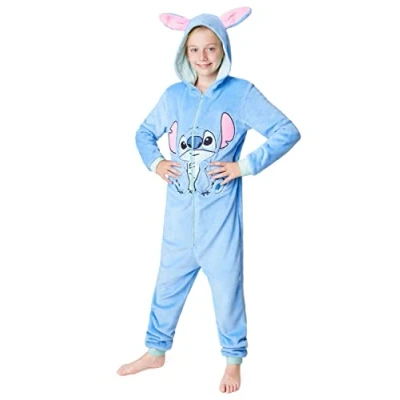 Abbildung von Disney Stitch Onesie Mädchen, Kuschelige Warm Einteiler Schlafanzug Kinder, Baby Yoda Geschenke für Mädchen Weihnachten (Blau Stitch, 13 Jahre)