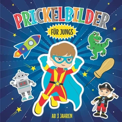 Abbildung von Prickelbilder für Jungs ab 3 Jahren: Prickelblock Kinder Malen, Prickeln, Ausschneiden und Basteln Bastelbuch mit Prickelvorlagen wie Dinosaurier, Superheld, Bagger, Astronaut vielen mehr