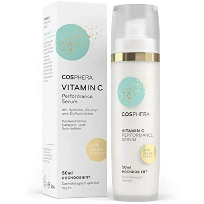 Abbildung von Cosphera Vitamin C Performance Serum hochdosiert 50 ml Konzentrat Gel mit Hyaluronsäure für Gesicht, Hals und Augen Vegane Anti Falten Feuchtigkeitsbehandlung Frauen Männer