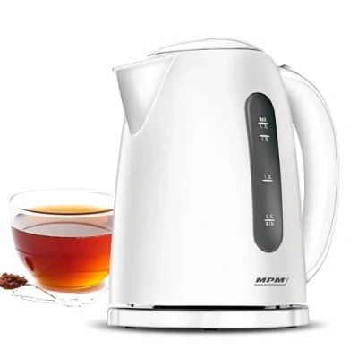 Abbildung von MPM MCZ 85 Elektrischer Wasserkocher, Fassungsvermögen 1,7 Liter BPA frei, Kabellos, 360 Drehbasis, Anti Kalkfilter, Automatische Abschaltung, Weiß, 2200W