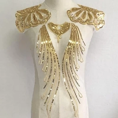 Abbildung von Yulakes Gold Stickerei Spitze Applikation Patch Pailletten Ausschnitt Kragen Hochzeit edles Kleid Nähen DIY Brautkleid Dekoration Kleidung Zubehör (Style 5)