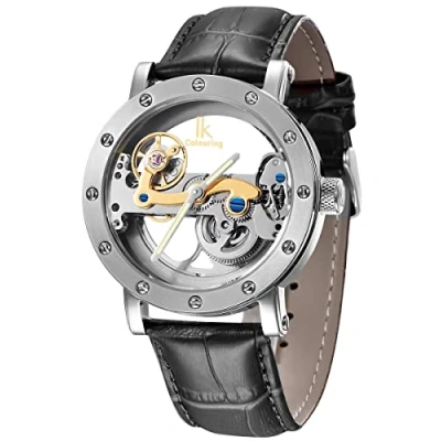 Abbildung von Alienwork IK Automatikuhr Armbanduhr Herren Damen Silber Lederarmband Schwarz Skelett Glasboden