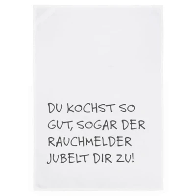 Abbildung von Geschirrtuch weiss, DU KOCHST SO GUT, SOGAR DER RAUCHMELDER JUBELT DIR ZU!, grau