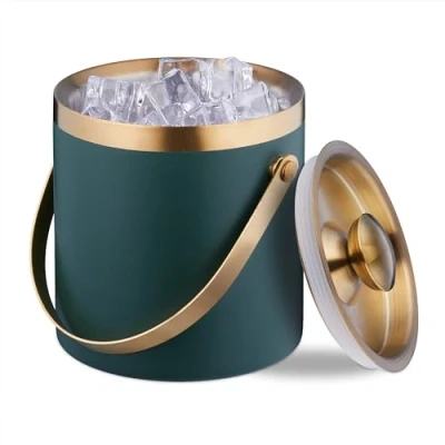 Abbildung von Relaxdays Eiswürfelbehälter, Edelstahl, doppelwandig, Eiseimer mit Deckel &amp; Henkel, 1,5 l, Eiswürfelkübel, grün/Gold