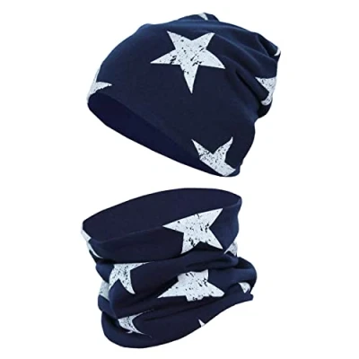 Abbildung von TupTam Unisex Kinder Beanie Mütze Schlauchschal Set, Farbe: Graue Sterne/Jeans, Größe: 50 52