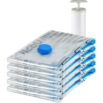 Abbildung von Amazon Basics Vakuumbeutel für Kleidung mit Luftdichtem Ventil und Handpumpe Groß, 5er Pack, Reißverschluss, Transparent