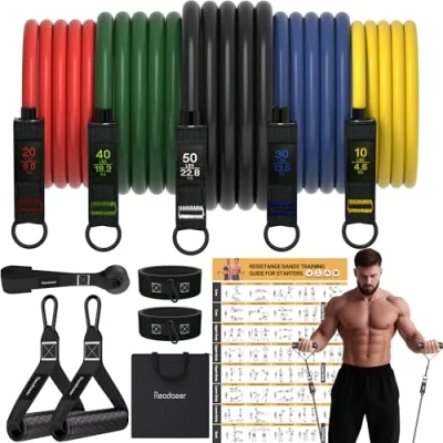 Abbildung von Fitness Widerstandsbänder Set 5er Trainingsbänder mit Griffen, Türanker, Knöchelriemen &amp; Poster 70 KG/150 lbs Latex Expander für Krafttraining Zuhause Workout