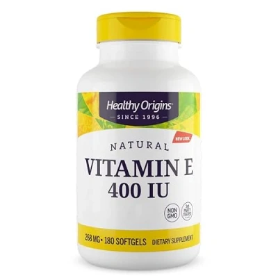 Abbildung von Healthy Origins, Natural Vitamin E, 180 Softgels, 400IU E je Dosis, Glutenfrei, GMO frei, Geschmacksneutral