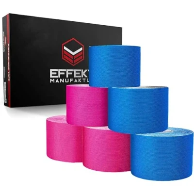 Abbildung von Effekt Manufaktur Professionelles Physio Kinesiologie Tape [5m x 5cm] 6er Set, Sportrollen, Wasserdicht Elastisches Kintex, Extra Stark Blau, Schwarz, Pink, Beige, Rot, Grün