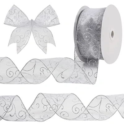 Abbildung von BELLE VOUS Silbernes Schleifenband 46 m Langes &amp; 60 mm Breites Organza Band mit Drahtkanten Glitzerndes Geschenk für Weihnachtsbaum Partydeko, Geschenkverpackungen Bastelarbeiten