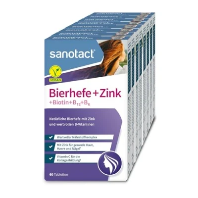 Abbildung von sanotact Bierhefe + Zink (8 x 60 Tabletten) Für Haut, Haare &amp; Nägel Vitamin Komplex mit Bierhefe, Zink, Biotin, B12, B6 C Haut Haar Vitamine 100% Vegan