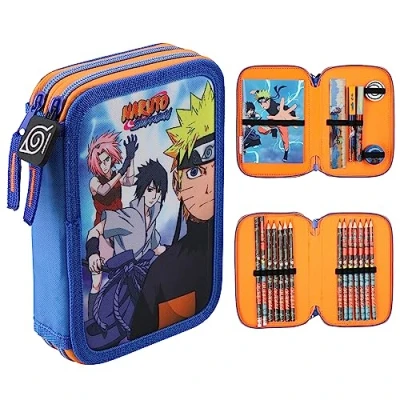 Abbildung von Naruto Federmäppchen, Anime Fan Mäppchen mit Kompletten Schulsachen, Leichtes Zweifachfach Schulmäppchen, Einzigartiges Stifte Etui Geschenk für Jungen