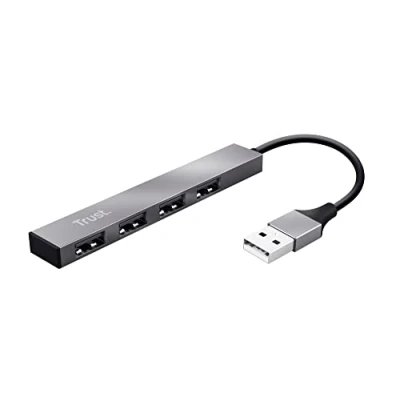 Abbildung von Trust Halyx Mini 4 Port USB Hub 2.0, A Adapter Leicht und Kompakt, Verlängerung Datenhub, Verteiler, Splitter für PC, Computer, Laptop, Desktop, Windows Grau