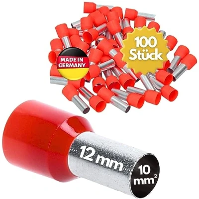 Abbildung von 100 Stück Kalitec AE1012RT Aderendhülsen isoliert 10,0mm² 12mm lang rot I Made in Germany Industriequalität
