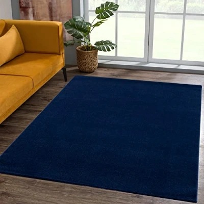 Abbildung von SANAT Kurzflor Teppich Wohnzimmer Uni Modern Teppiche fürs Schlafzimmer, Arbeitszimmer, Büro, Flur, Kinderzimmer und Küche Marine, 60 x 110 cm